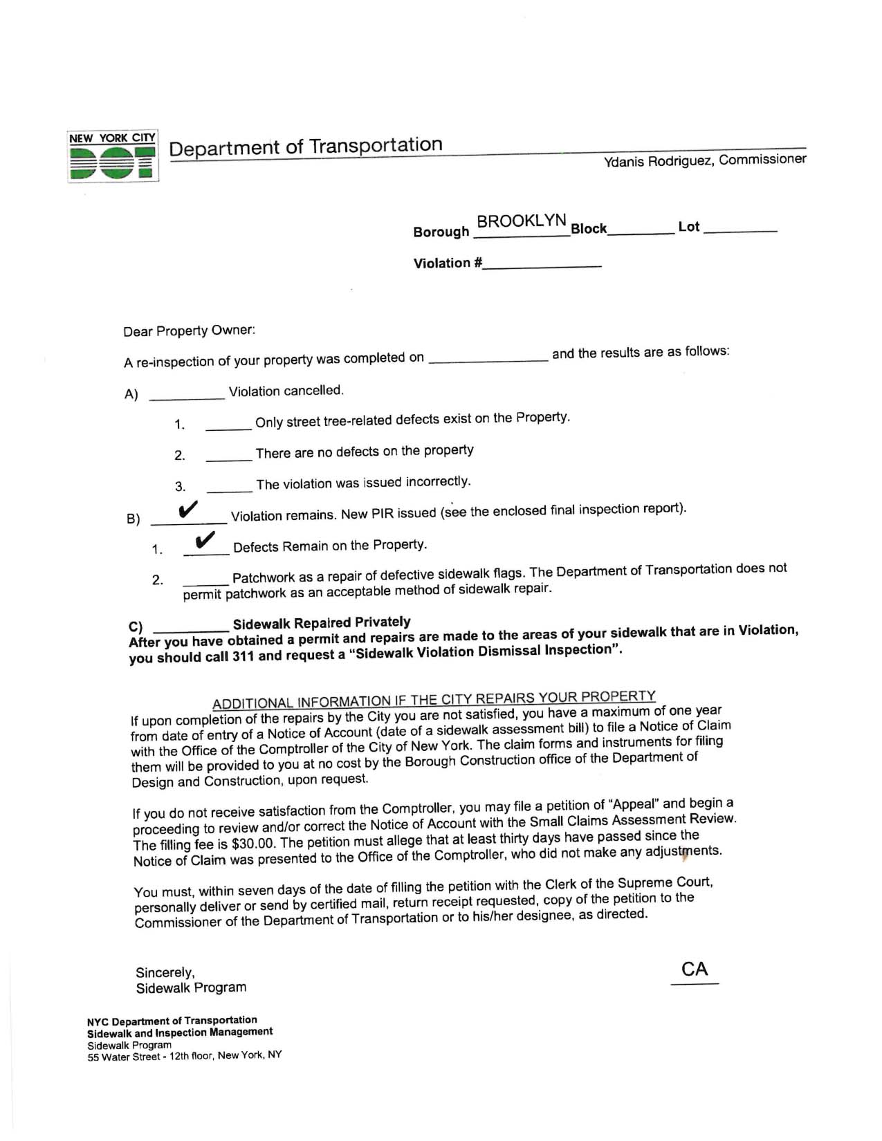 Official NYC DOT sidewalk violation notice issued to a property owner