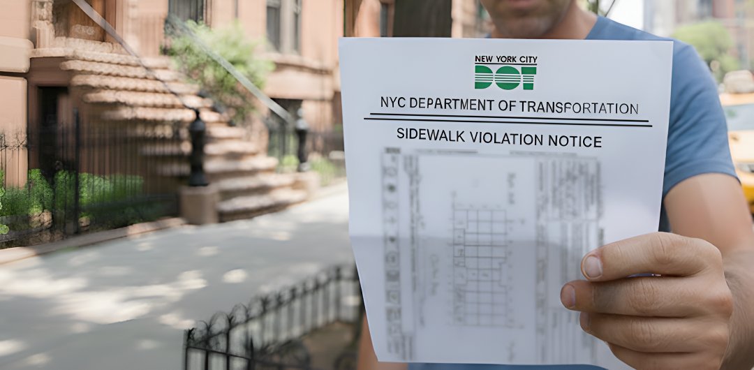 Worried man holding an NYC DOT sidewalk violation notice