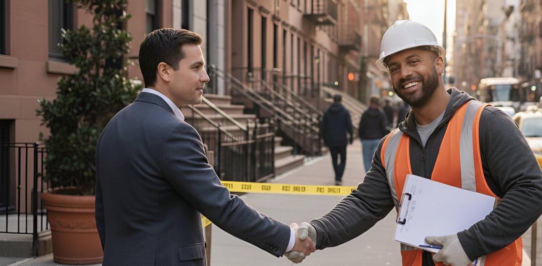 Homeowner shaking hands with contractor after finished sidewalk repairs in NYC
