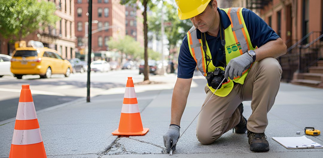 DOT inspector examining a damaged sidewalk in New York City