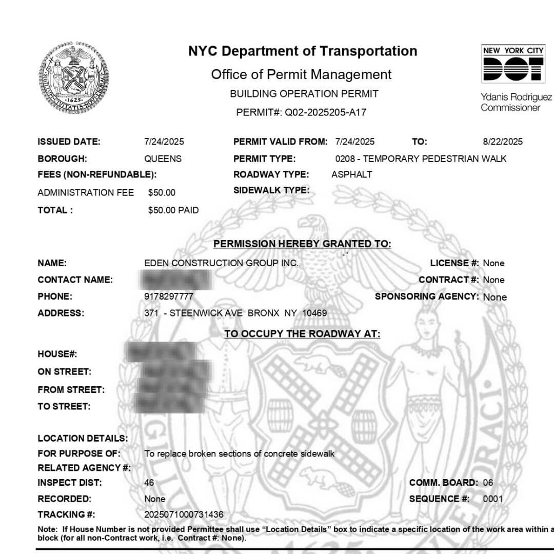 An issued NYC DOT sidewalk construction permit